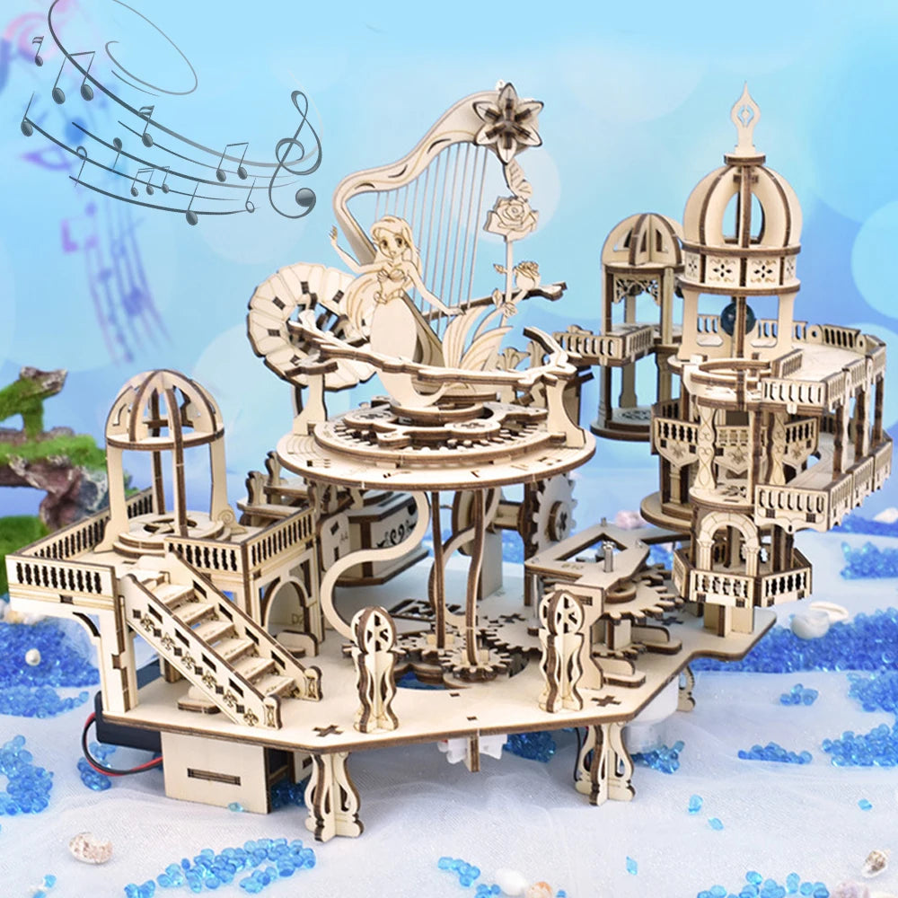Newest 3D Wooden Puzzle Mystery Island Music Box with Light DIY Assembly Model Kit for Adults Kids, Valentine's Day Gifts