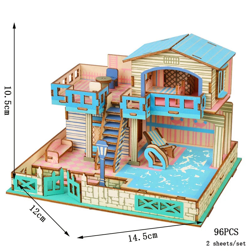 Lanzhou Waterwheel Wooden Puzzles 3D Building House Model Chinese Architecture DIY Assemble Jigsaw Toys For Children Kids
