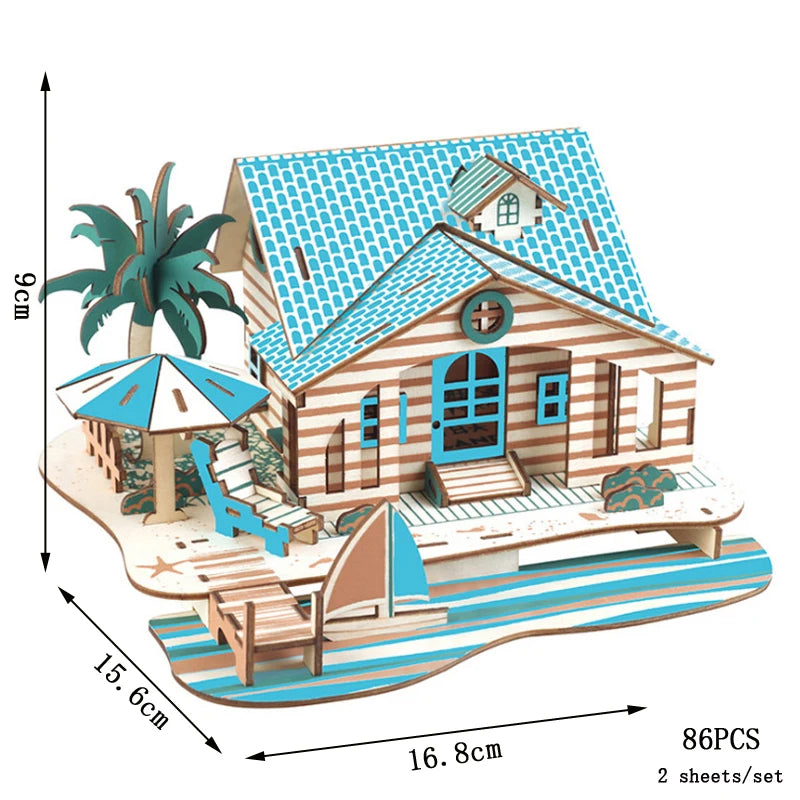 Lanzhou Waterwheel Wooden Puzzles 3D Building House Model Chinese Architecture DIY Assemble Jigsaw Toys For Children Kids