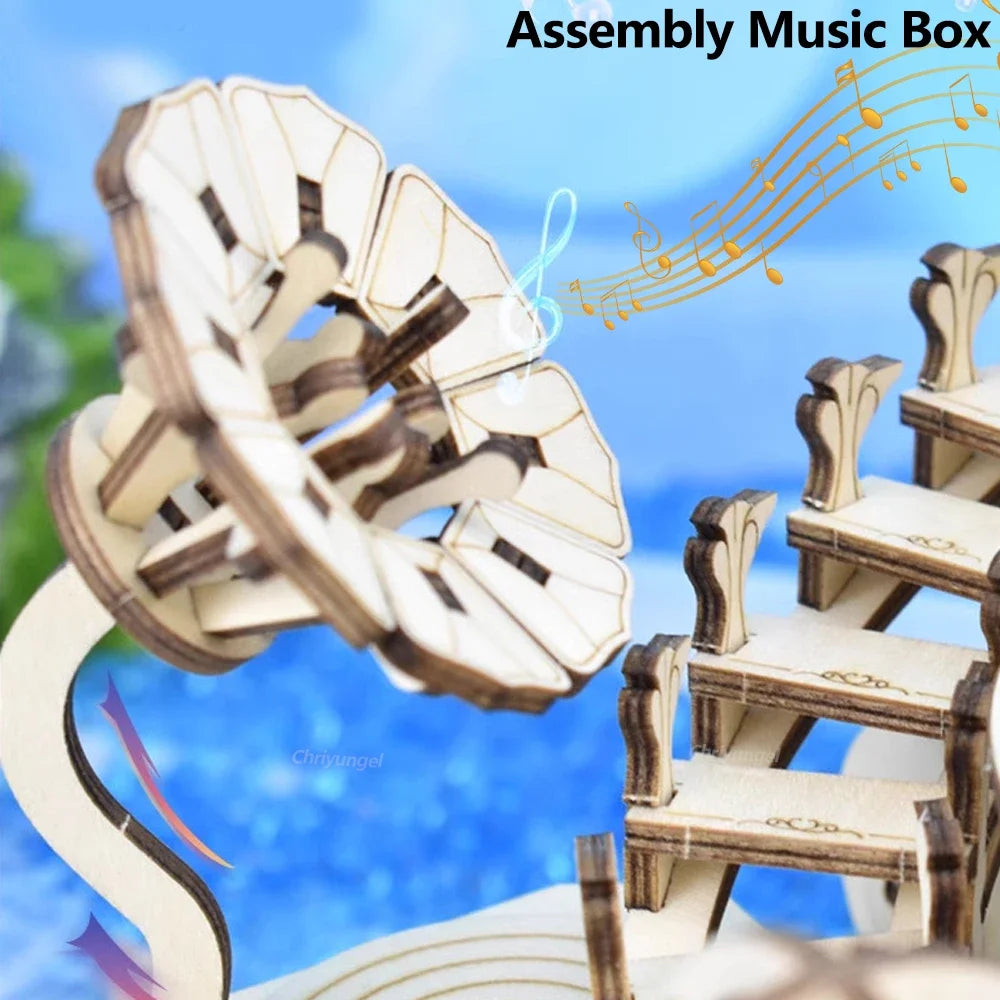 Newest 3D Wooden Puzzle Mystery Island Music Box with Light DIY Assembly Model Kit for Adults Kids, Valentine's Day Gifts