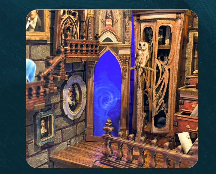 DIY Wooden Book Nook Shelf Insert Kit Magic Studio Miniature Model Kits Bookshelf With Light Bookend for Friends Birthday Gifts