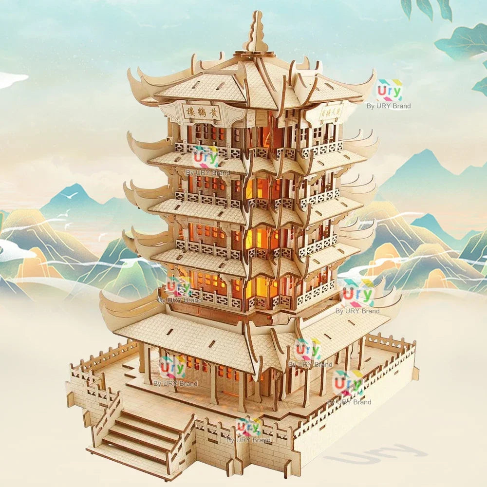 Ury 3D Wooden House Chinese Traditional Puzzle with Light Building DIY Model Game Assembly Desktop Toy Gift for Children Adult