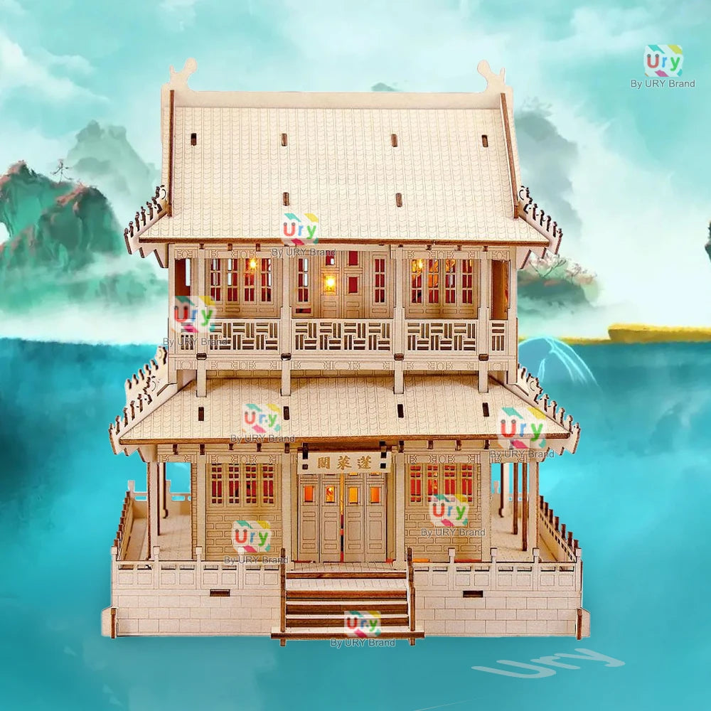 Ury 3D Wooden House Chinese Traditional Puzzle with Light Building DIY Model Game Assembly Desktop Toy Gift for Children Adult