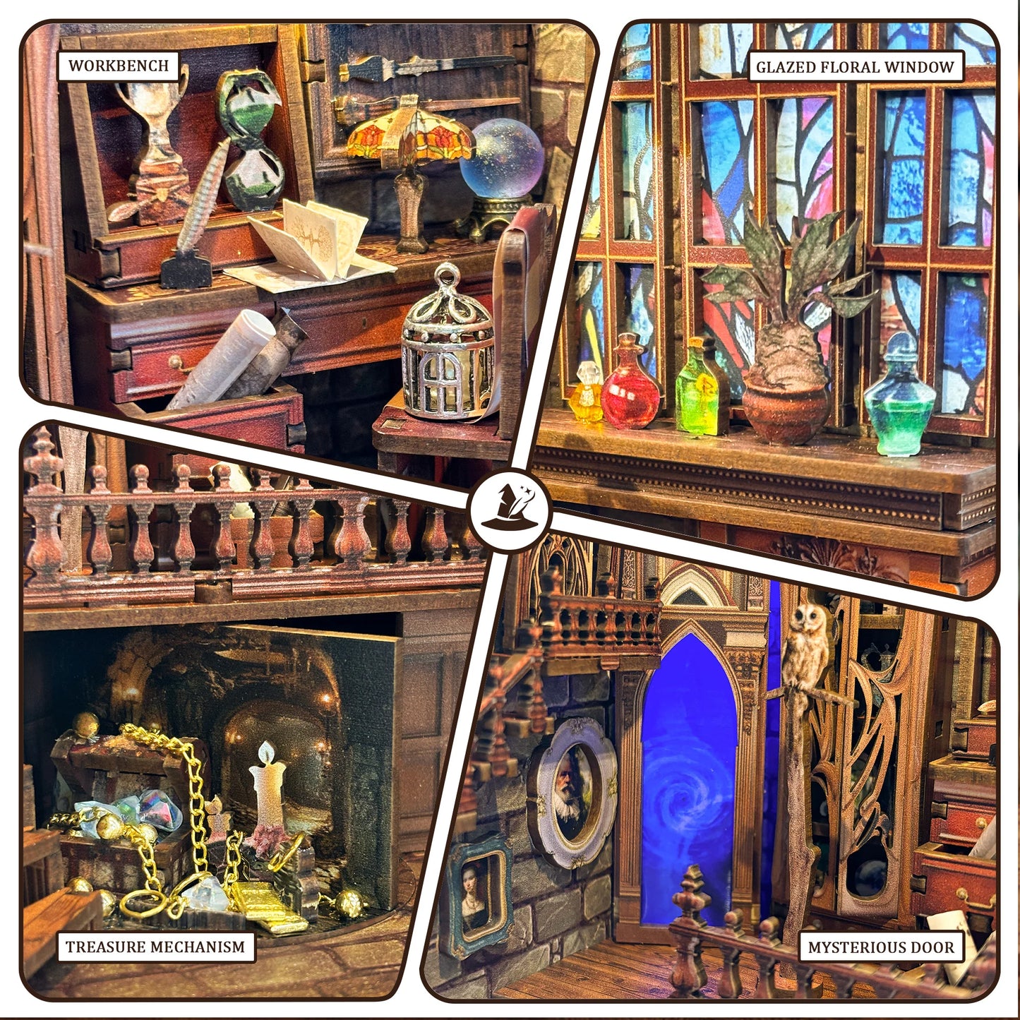 DIY Wooden Book Nook Shelf Insert Kit Magic Studio Miniature Model Kits Bookshelf With Light Bookend for Friends Birthday Gifts