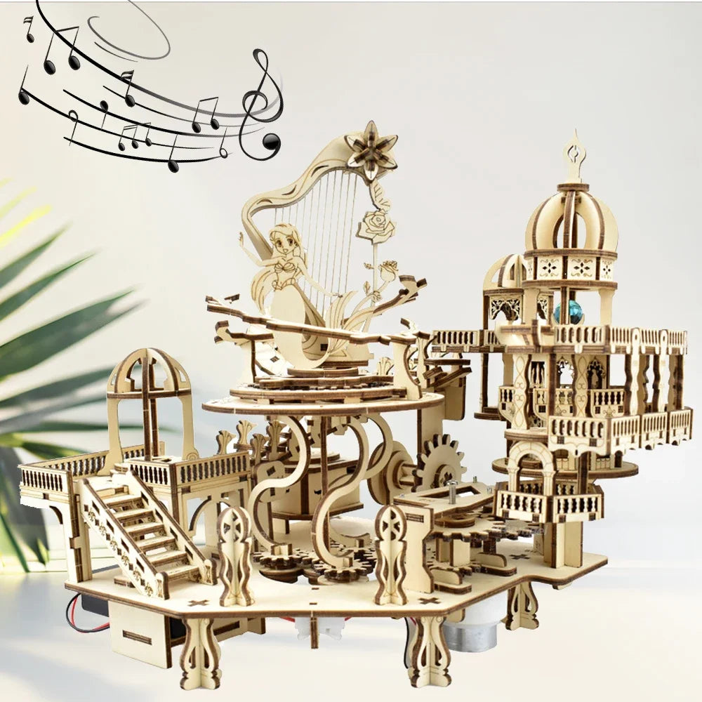 Newest 3D Wooden Puzzle Mystery Island Music Box with Light DIY Assembly Model Kit for Adults Kids, Valentine's Day Gifts