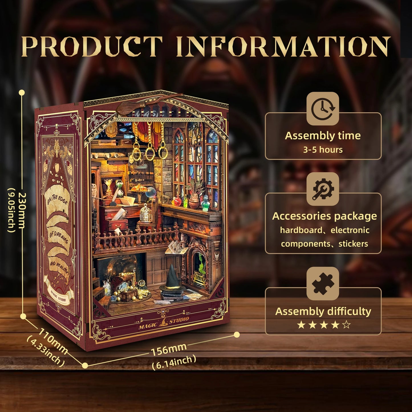 DIY Wooden Book Nook Shelf Insert Kit Magic Studio Miniature Model Kits Bookshelf With Light Bookend for Friends Birthday Gifts
