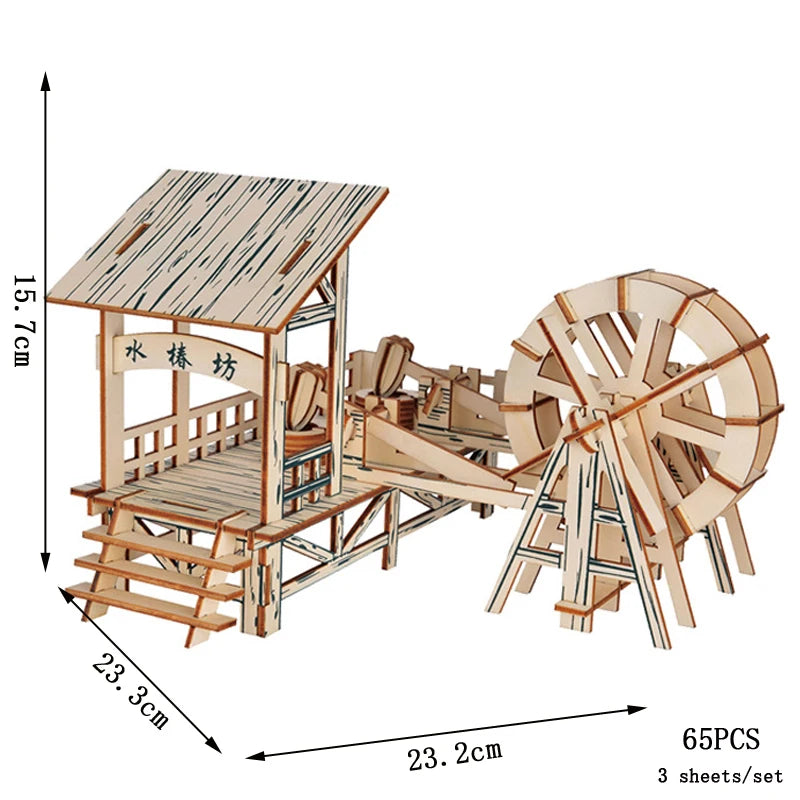 Lanzhou Waterwheel Wooden Puzzles 3D Building House Model Chinese Architecture DIY Assemble Jigsaw Toys For Children Kids