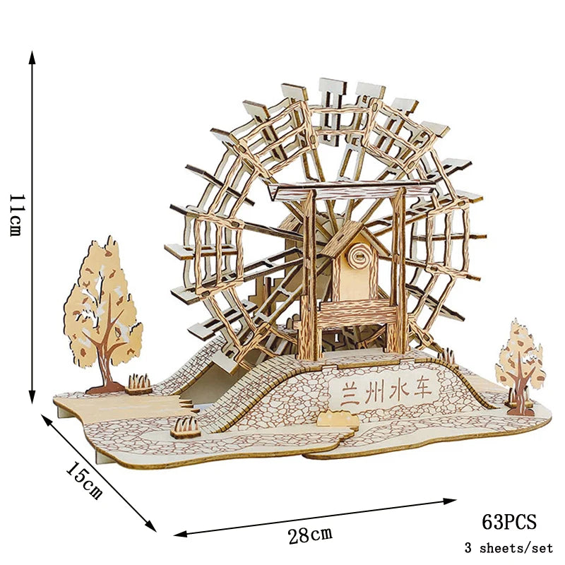 Lanzhou Waterwheel Wooden Puzzles 3D Building House Model Chinese Architecture DIY Assemble Jigsaw Toys For Children Kids