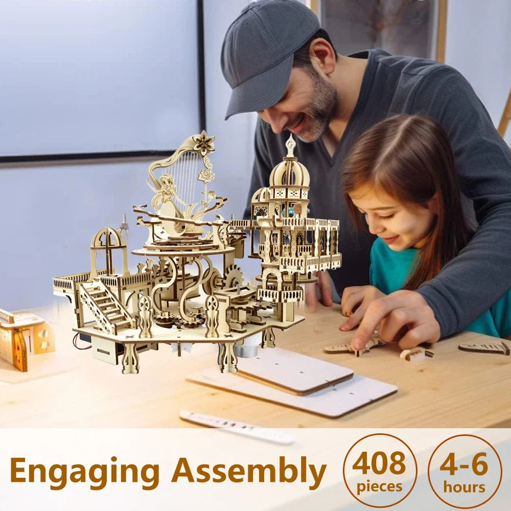 Newest 3D Wooden Puzzle Mystery Island Music Box with Light DIY Assembly Model Kit for Adults Kids, Valentine's Day Gifts