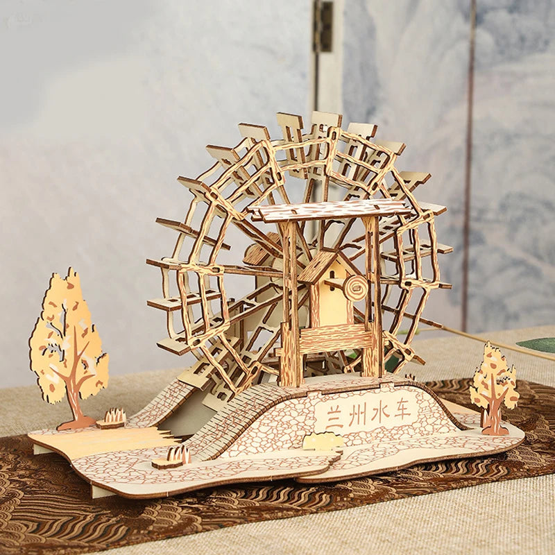 Lanzhou Waterwheel Wooden Puzzles 3D Building House Model Chinese Architecture DIY Assemble Jigsaw Toys For Children Kids
