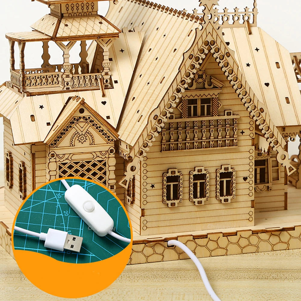 DIY Villa 3D Wooden Model Kit with Light Castle Puzzles Assembly Toy Kid Adult DIY Model Kits Desk Decoration for Gift