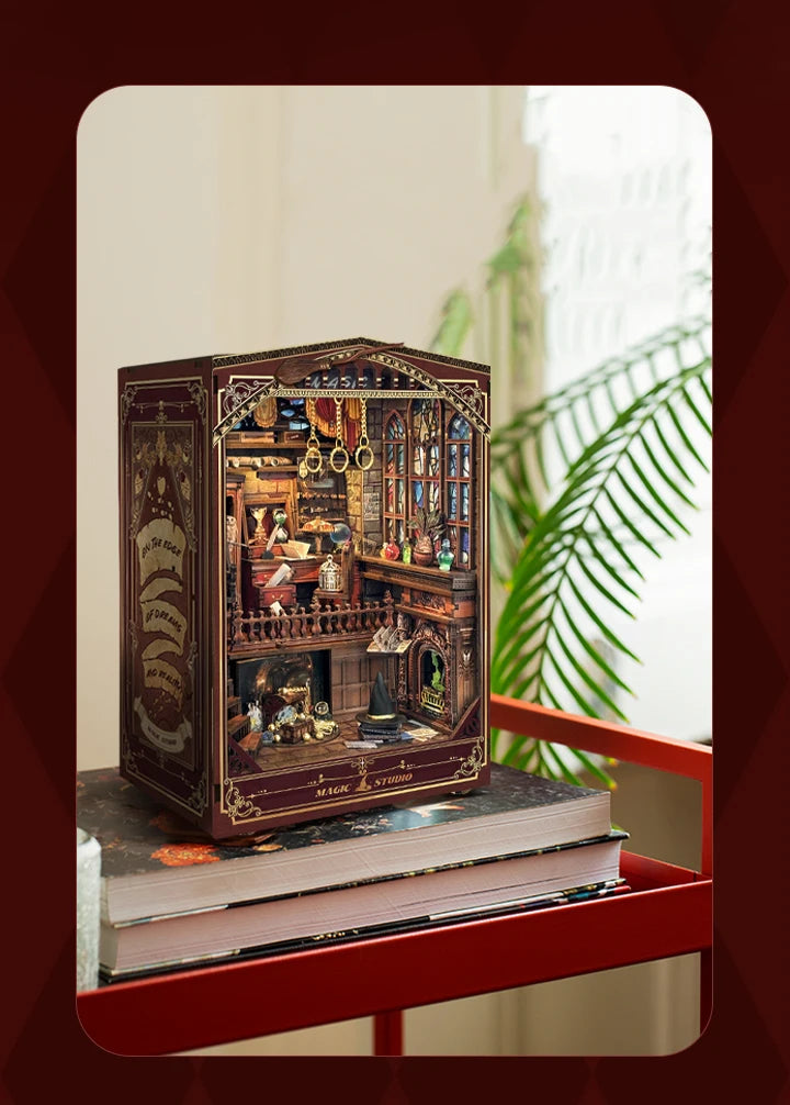 DIY Wooden Book Nook Shelf Insert Kit Magic Studio Miniature Model Kits Bookshelf With Light Bookend for Friends Birthday Gifts
