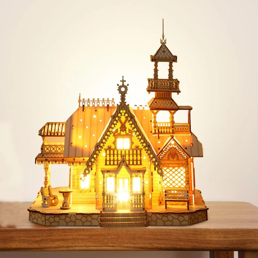 DIY Villa 3D Wooden Model Kit with Light Castle Puzzles Assembly Toy Kid Adult DIY Model Kits Desk Decoration for Gift