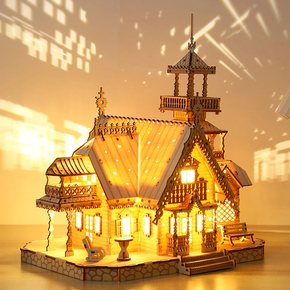 DIY Villa 3D Wooden Model Kit with Light Castle Puzzles Assembly Toy Kid Adult DIY Model Kits Desk Decoration for Gift