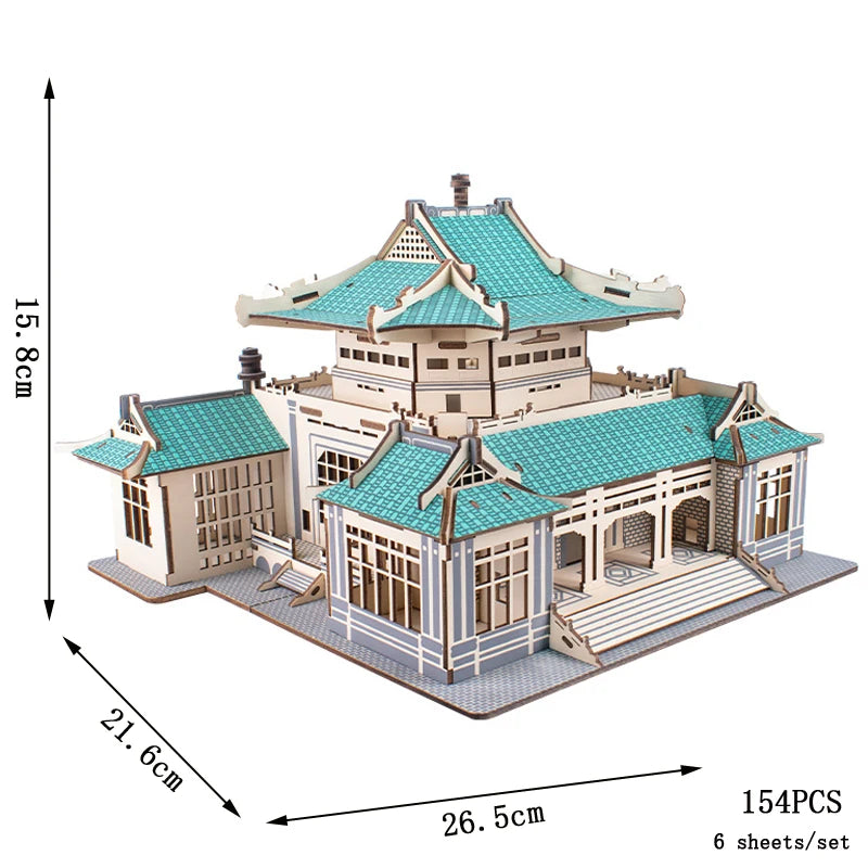 Lanzhou Waterwheel Wooden Puzzles 3D Building House Model Chinese Architecture DIY Assemble Jigsaw Toys For Children Kids