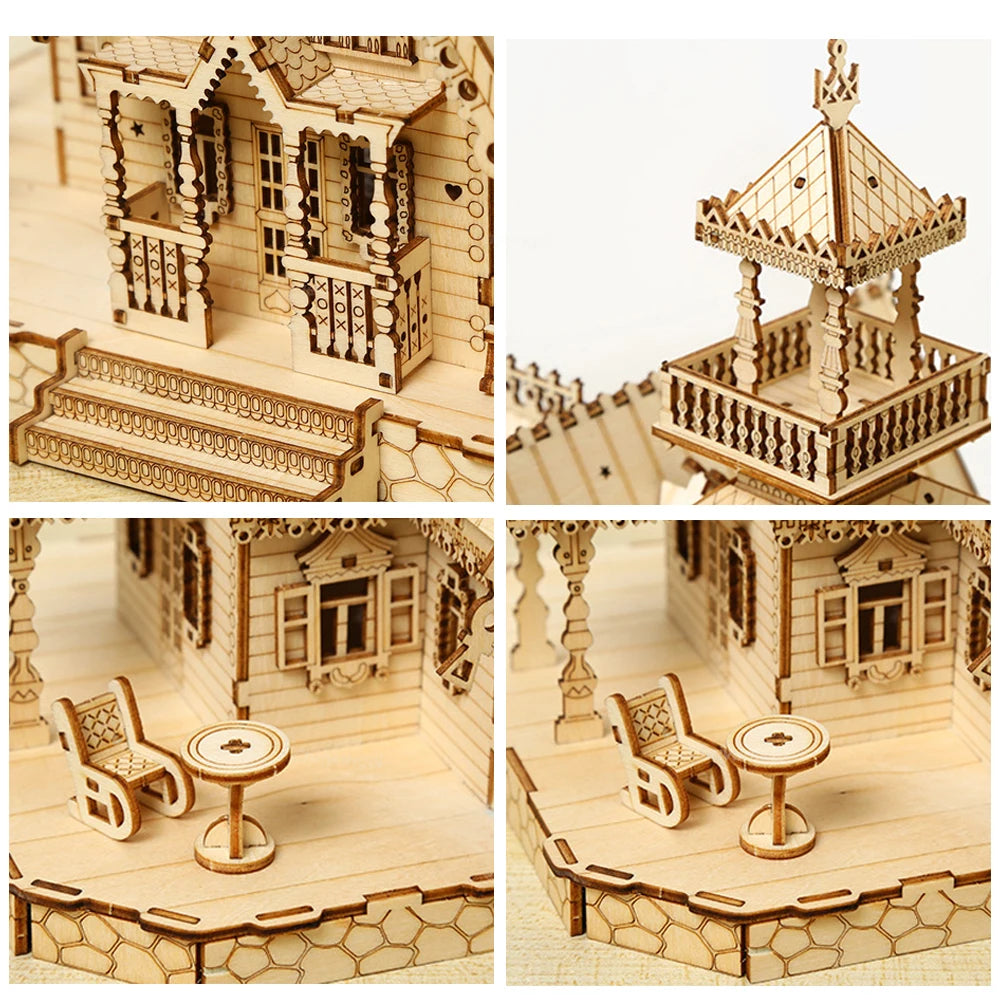 DIY Villa 3D Wooden Model Kit with Light Castle Puzzles Assembly Toy Kid Adult DIY Model Kits Desk Decoration for Gift