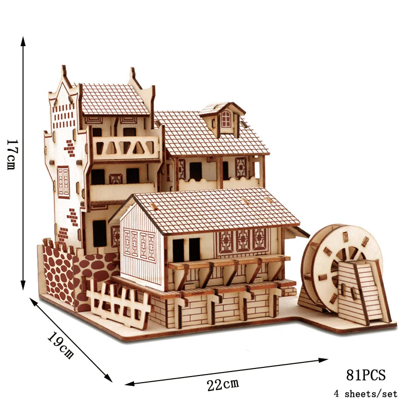 Lanzhou Waterwheel Wooden Puzzles 3D Building House Model Chinese Architecture DIY Assemble Jigsaw Toys For Children Kids