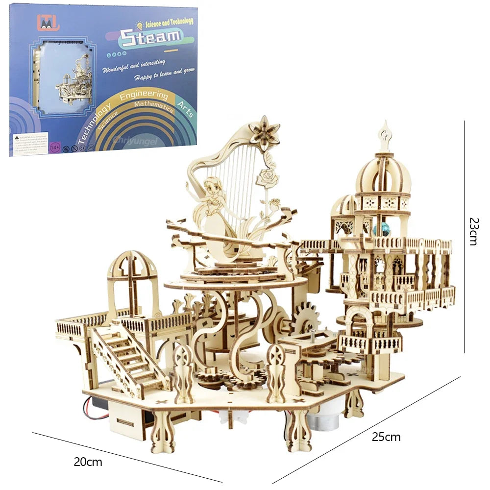 Newest 3D Wooden Puzzle Mystery Island Music Box with Light DIY Assembly Model Kit for Adults Kids, Valentine's Day Gifts