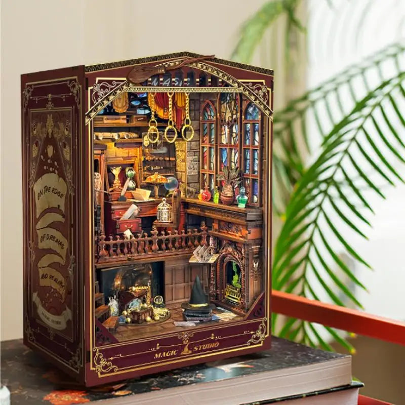 DIY Wooden Book Nook Shelf Insert Kit Magic Studio Miniature Model Kits Bookshelf With Light Bookend for Friends Birthday Gifts