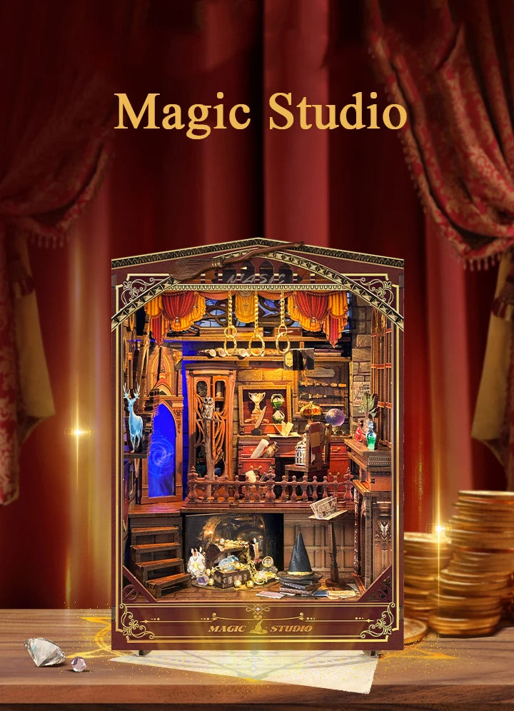 DIY Wooden Book Nook Shelf Insert Kit Magic Studio Miniature Model Kits Bookshelf With Light Bookend for Friends Birthday Gifts