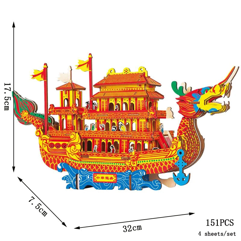 Lanzhou Waterwheel Wooden Puzzles 3D Building House Model Chinese Architecture DIY Assemble Jigsaw Toys For Children Kids
