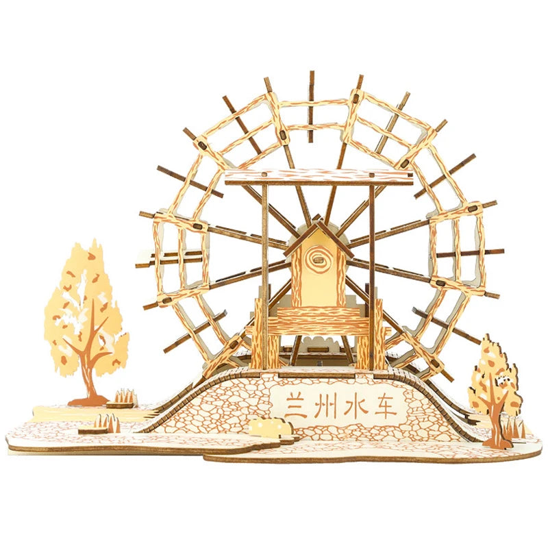 Lanzhou Waterwheel Wooden Puzzles 3D Building House Model Chinese Architecture DIY Assemble Jigsaw Toys For Children Kids