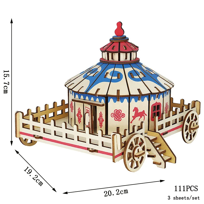 Lanzhou Waterwheel Wooden Puzzles 3D Building House Model Chinese Architecture DIY Assemble Jigsaw Toys For Children Kids