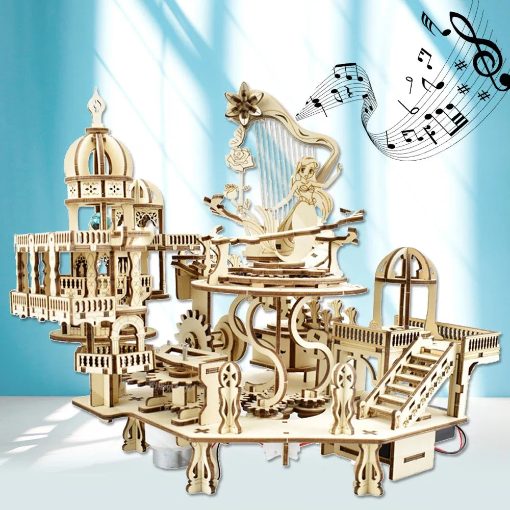Newest 3D Wooden Puzzle Mystery Island Music Box with Light DIY Assembly Model Kit for Adults Kids, Valentine's Day Gifts