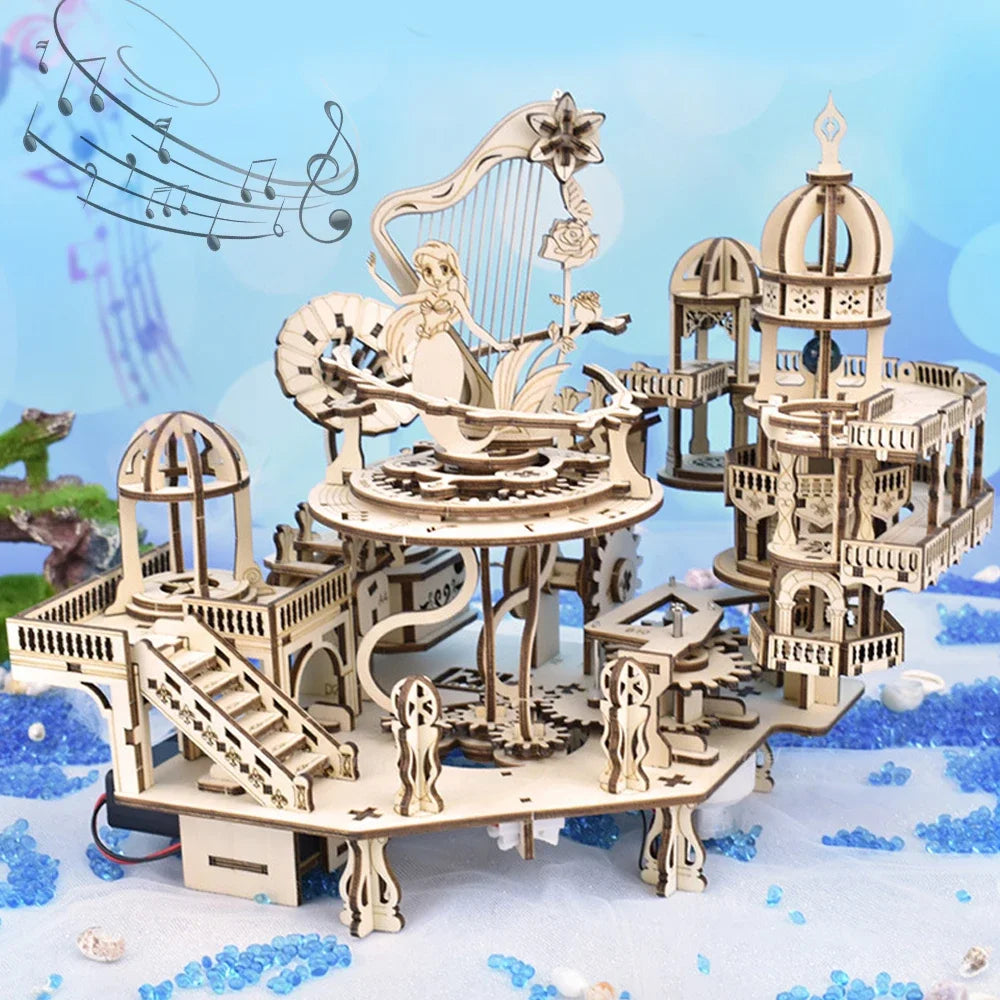 Newest 3D Wooden Puzzle Mystery Island Music Box with Light DIY Assembly Model Kit for Adults Kids, Valentine's Day Gifts