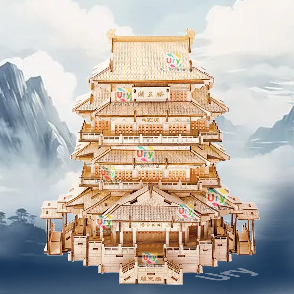 Ury 3D Wooden House Chinese Traditional Puzzle with Light Building DIY Model Game Assembly Desktop Toy Gift for Children Adult