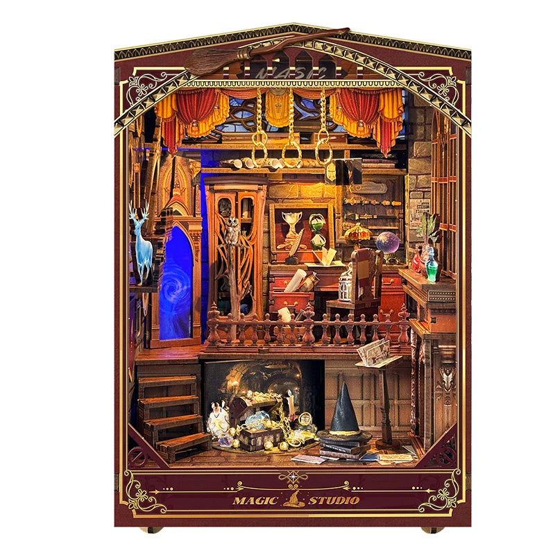 DIY Wooden Book Nook Shelf Insert Kit Magic Studio Miniature Model Kits Bookshelf With Light Bookend for Friends Birthday Gifts