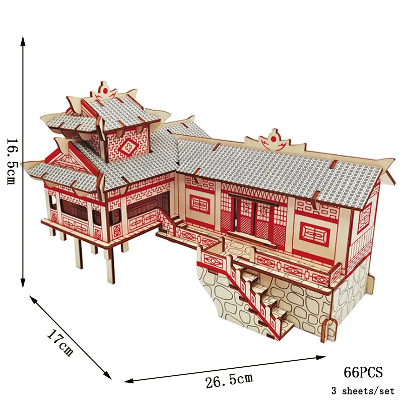 Lanzhou Waterwheel Wooden Puzzles 3D Building House Model Chinese Architecture DIY Assemble Jigsaw Toys For Children Kids