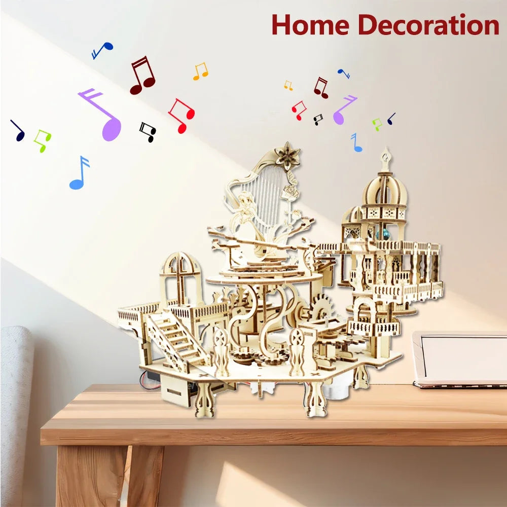 Newest 3D Wooden Puzzle Mystery Island Music Box with Light DIY Assembly Model Kit for Adults Kids, Valentine's Day Gifts